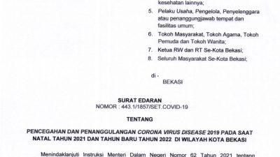 Pemerintah Kota Bekasi Keluarkan Surat Edaran Tentang Penanganan Covid 19 Di Hari Natal Dan Tahun Baru