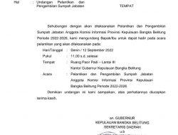 Ridwan Djamaluddin PJ Gubernur Kepulauan Bangka Belitung Lakukan Pelantikan Dan Pengambilan Sumpah Jabatan 5 Orang Komisioner KID Babel